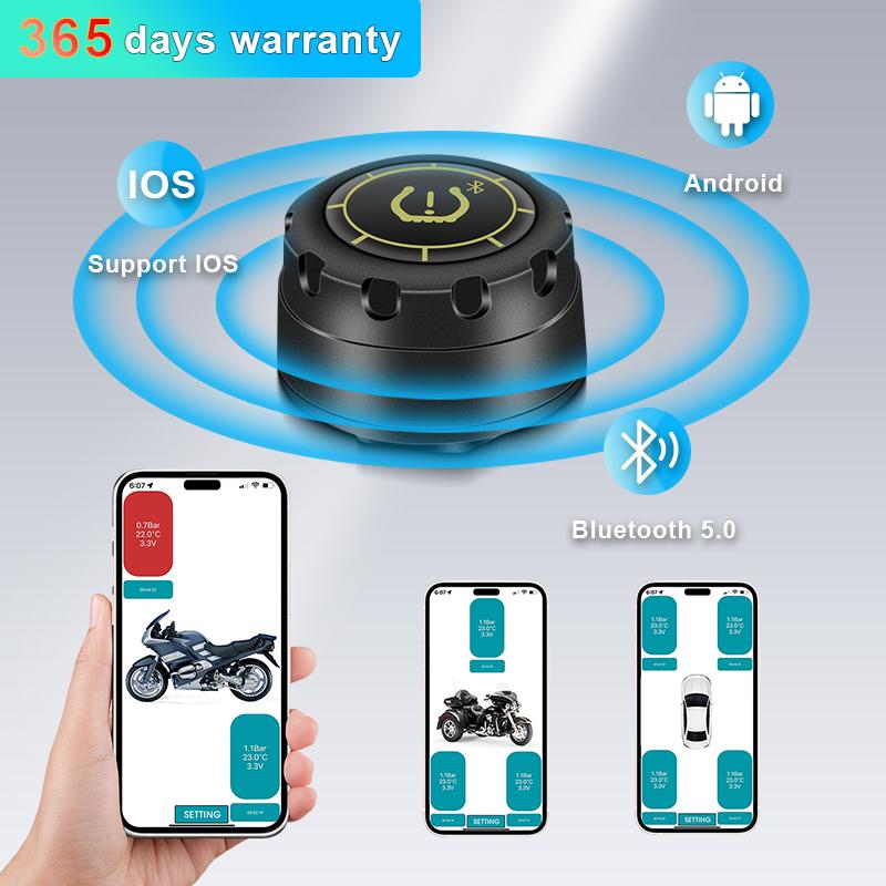 Мотоцикл Автомобиль Система мониторинга давления в шинах TPMS Bluetooth 5.0 Датчик давления в шинах Предупреждение о температуре Монитор Манометр