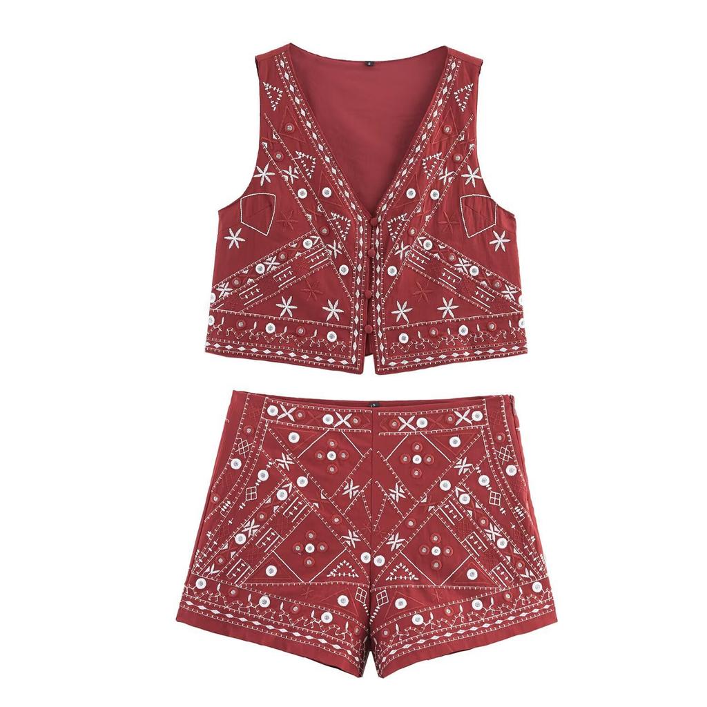 European and American style, wholesale women's clothing fashion versatile temperament decorative embroidered vest set 5770029