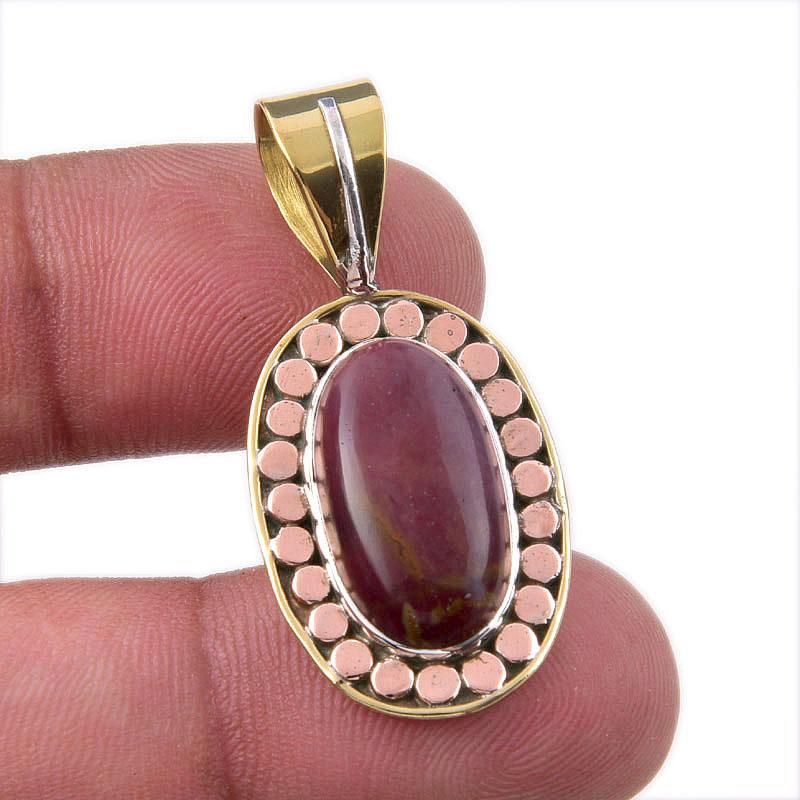Natural Mookaite Gemstone 925 Solid Sterling Silver Two Tone Pendant 1.50" C3O62