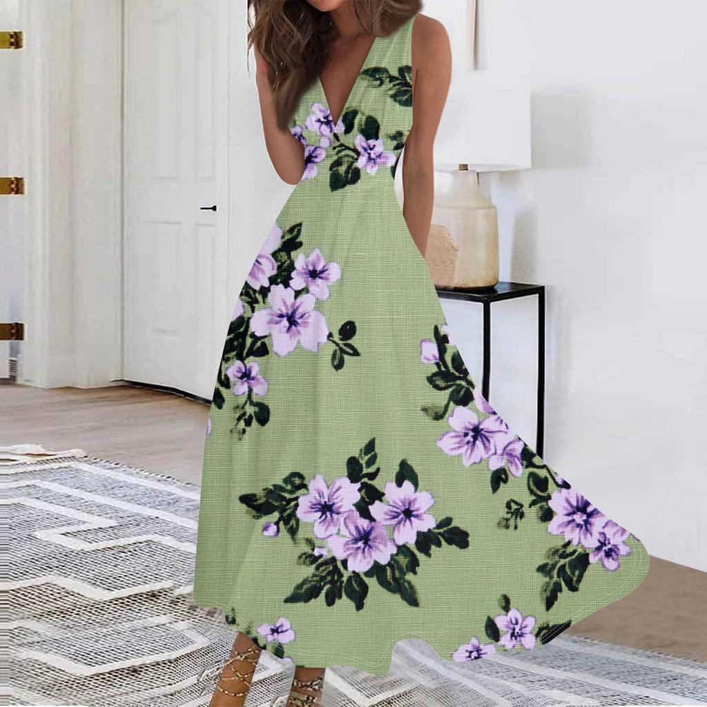 Женские модные повседневные свободные платья с V-образным вырезом без рукавов с принтом