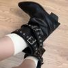 Fashion Autumn Vintage Thick Heel Women Western Cowgirl Boots Fashion Belt Buckle Ladies Elegant Slip On Mordern Mid Calf Booties