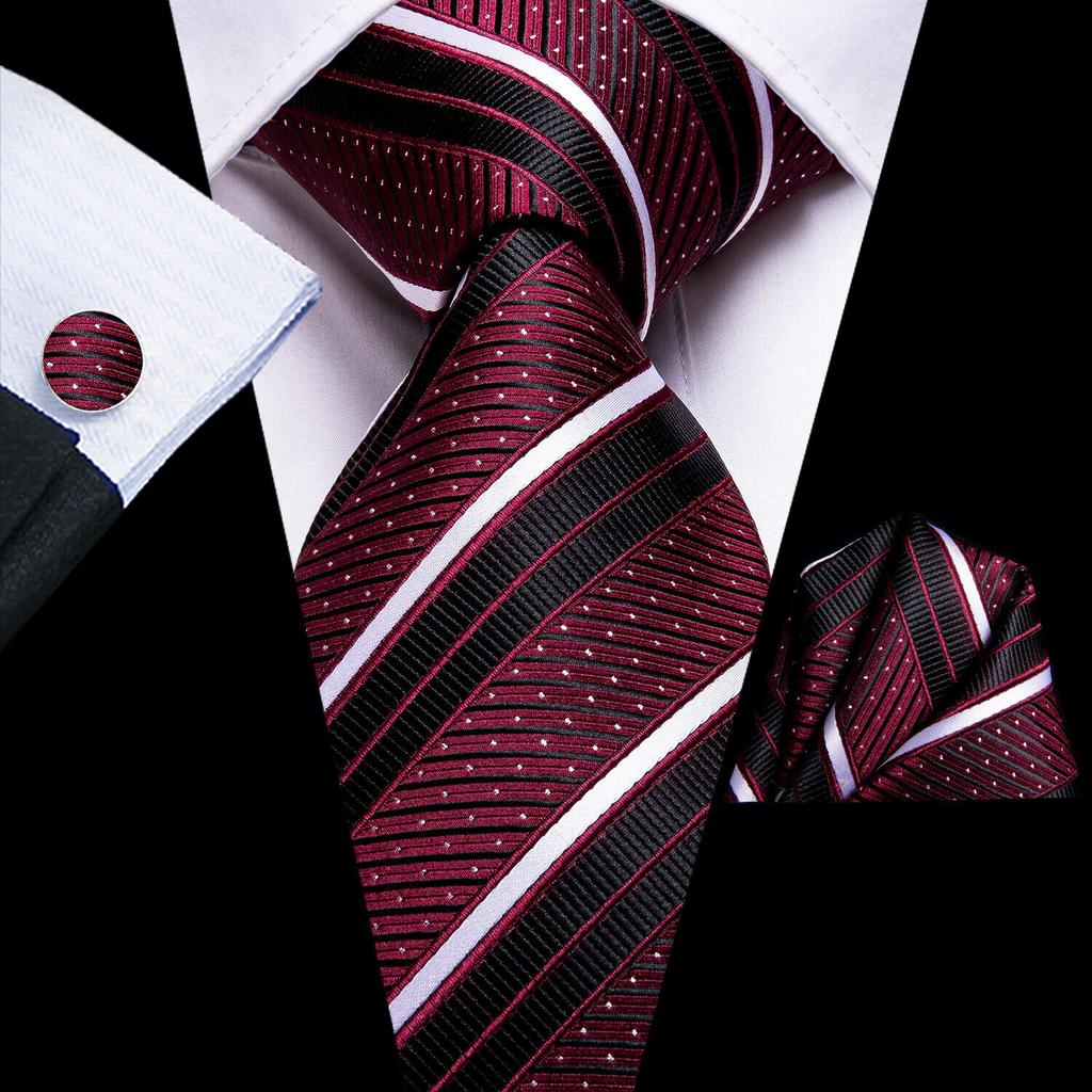 Hi-Tie Fashion Mens Wine-Red Paisley Necktie Hanky Cufflinks for Business Wedding