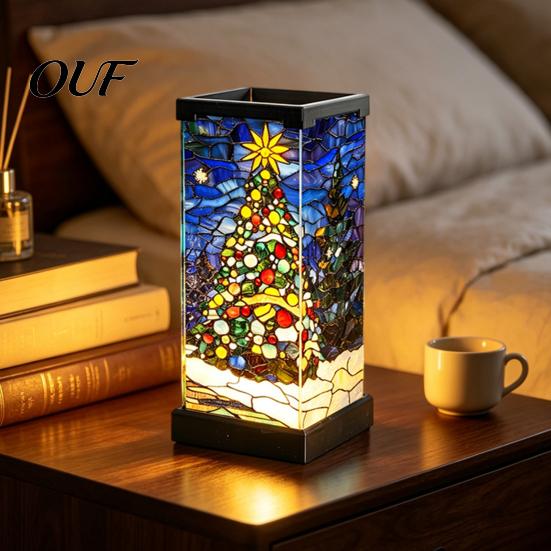 Warm LED Atmosphere Lamp Stained Glass Table Lamp, Rectangular Shape Night Light, Artistic Vertical Geometric Light with Soothing Glow Lighting