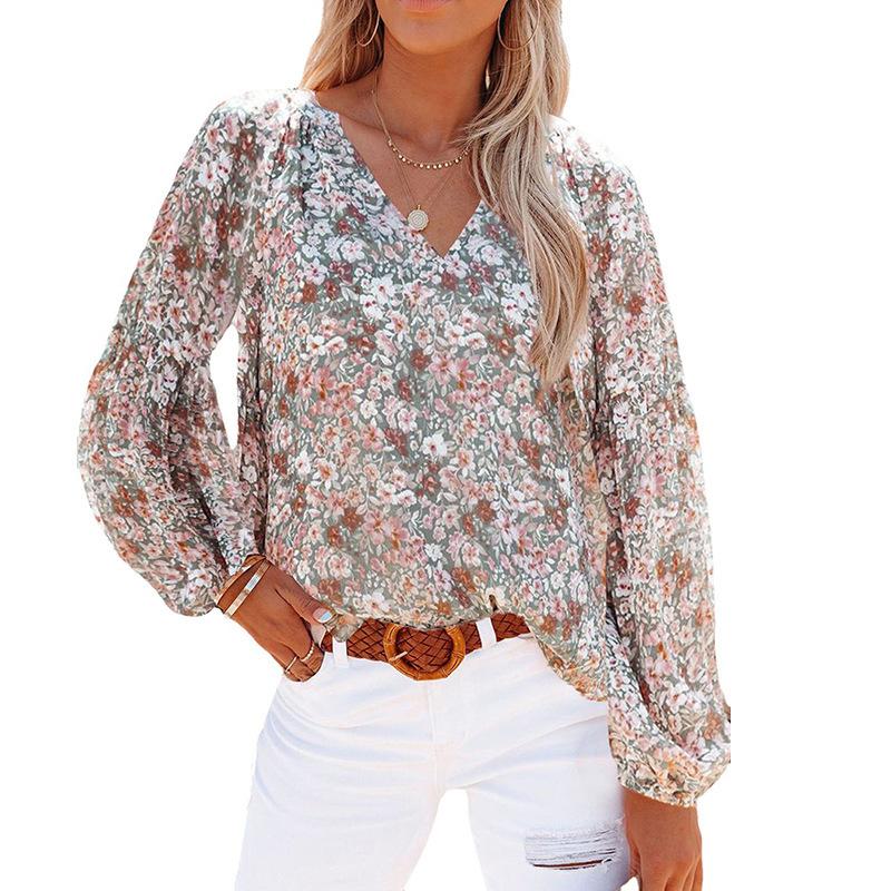 Fashion Women's Casual Tops Spring/Summer V-neck Lantern Sleeve Floral Chiffon Shirt Top with Lining Comfortable and Versatile T-shirt for Ladies