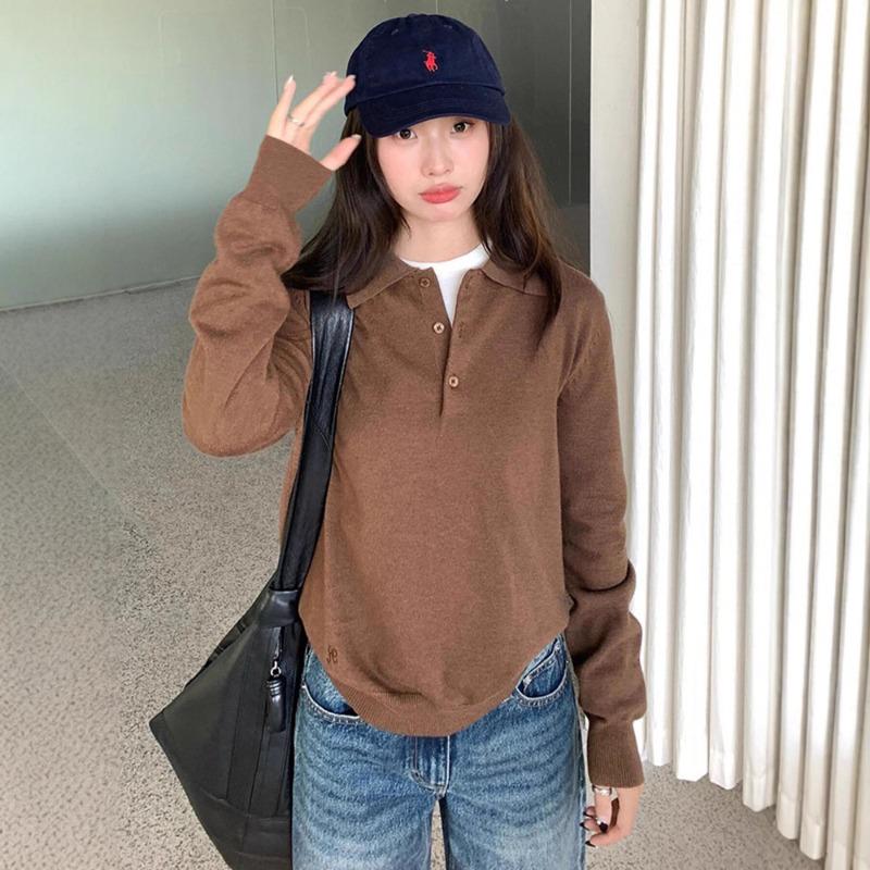 College Style Gray Polo Neck Sweater Women's Spring and Autumn New Loose and Thin Versatile Long-sleeved Knitted Sweater Top