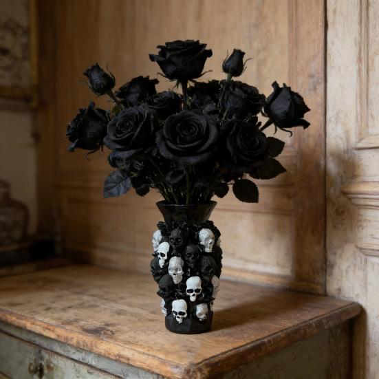 Gothic Skull Flower Vase Ornament Spooky Black White Skull Dried Artificial Flower Holder Resin Container Home Office Table Centerpiece Decoration