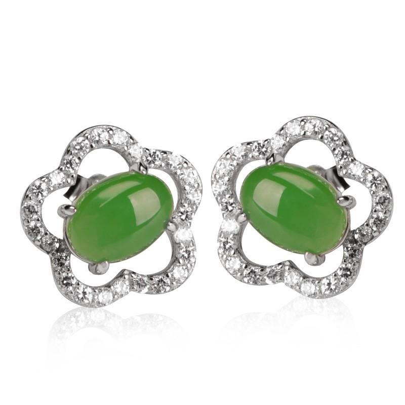 Серьги из стерлингового серебра 925 пробы с нефритом Хэтянь и жадеитом в форме цветка сливы с сертификатом - Древнекитайский стиль