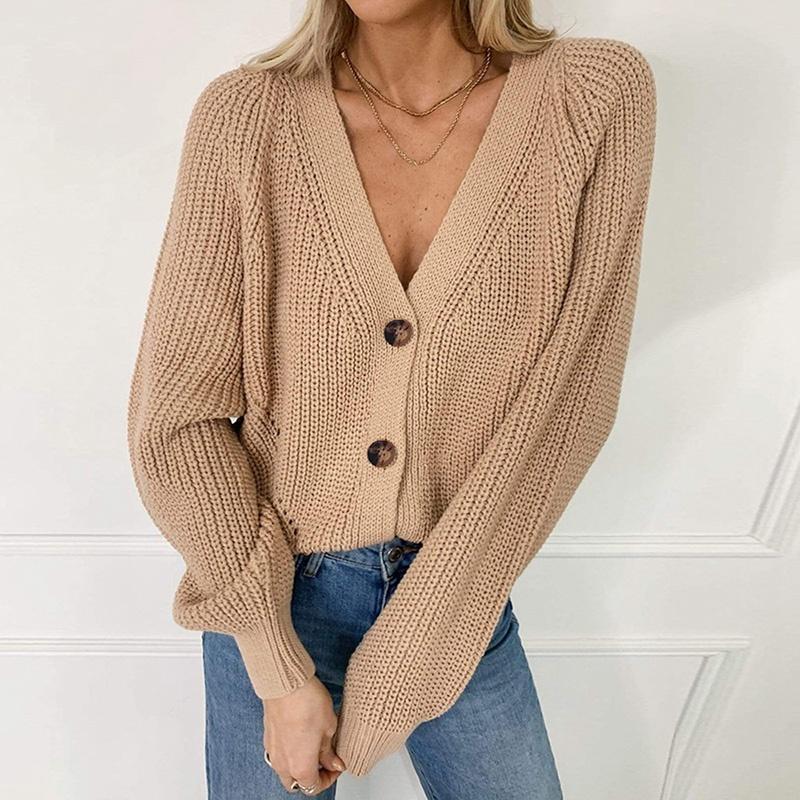 Новый женский осенне-зимний вязаный свитер, кардиганы, модный однотонный свободный кардиган с длинным рукавом, повседневный женский кардиган на пуговицах с v-образным вырезом