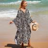 Plus Size Boho Cover Up, Women's Plus Painting Print Bat Sleeve V Neck Split Hem Maxi Cover Up Dress