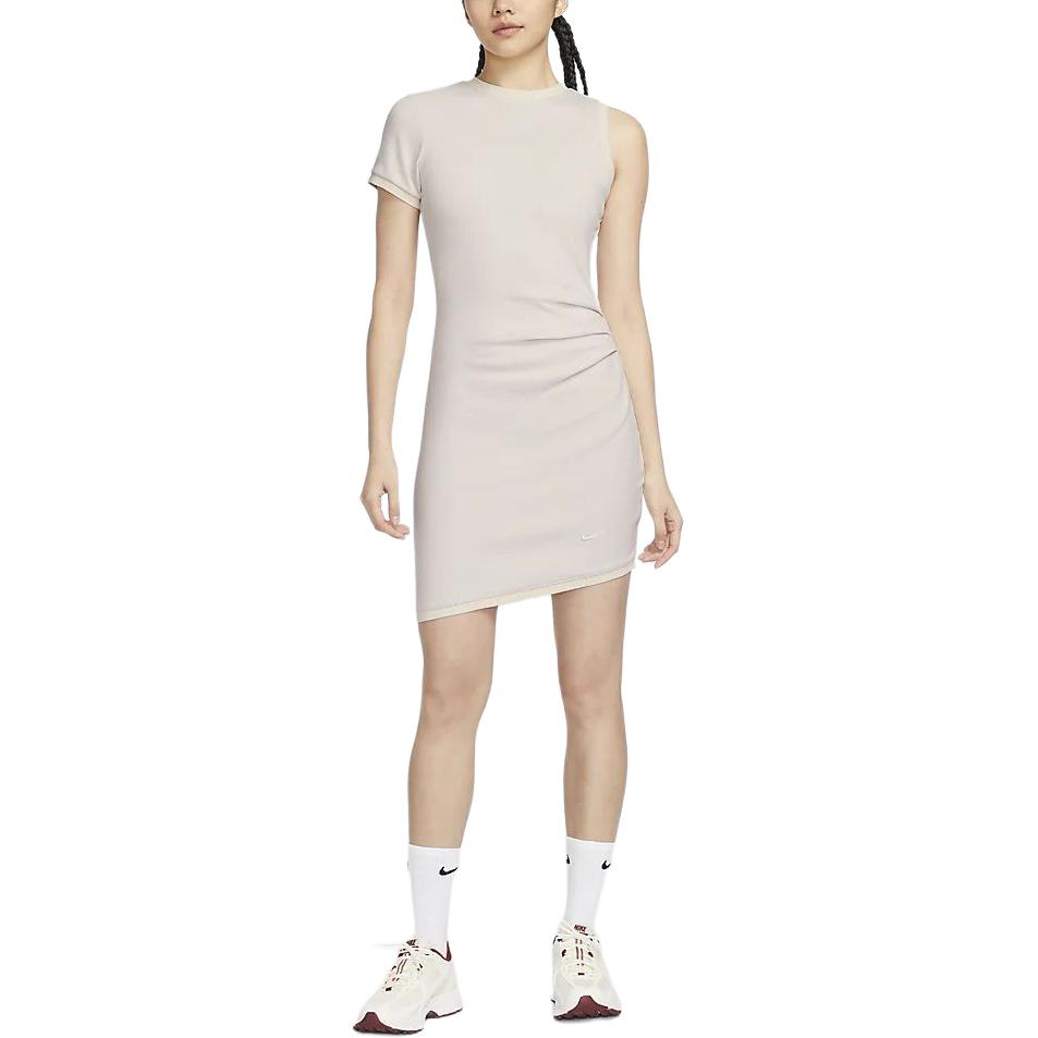 Nike Sportswear Collection Solid Casual Crew Neck Fitted Short Sleeve Dress Women Dresses Sail FN2244-104