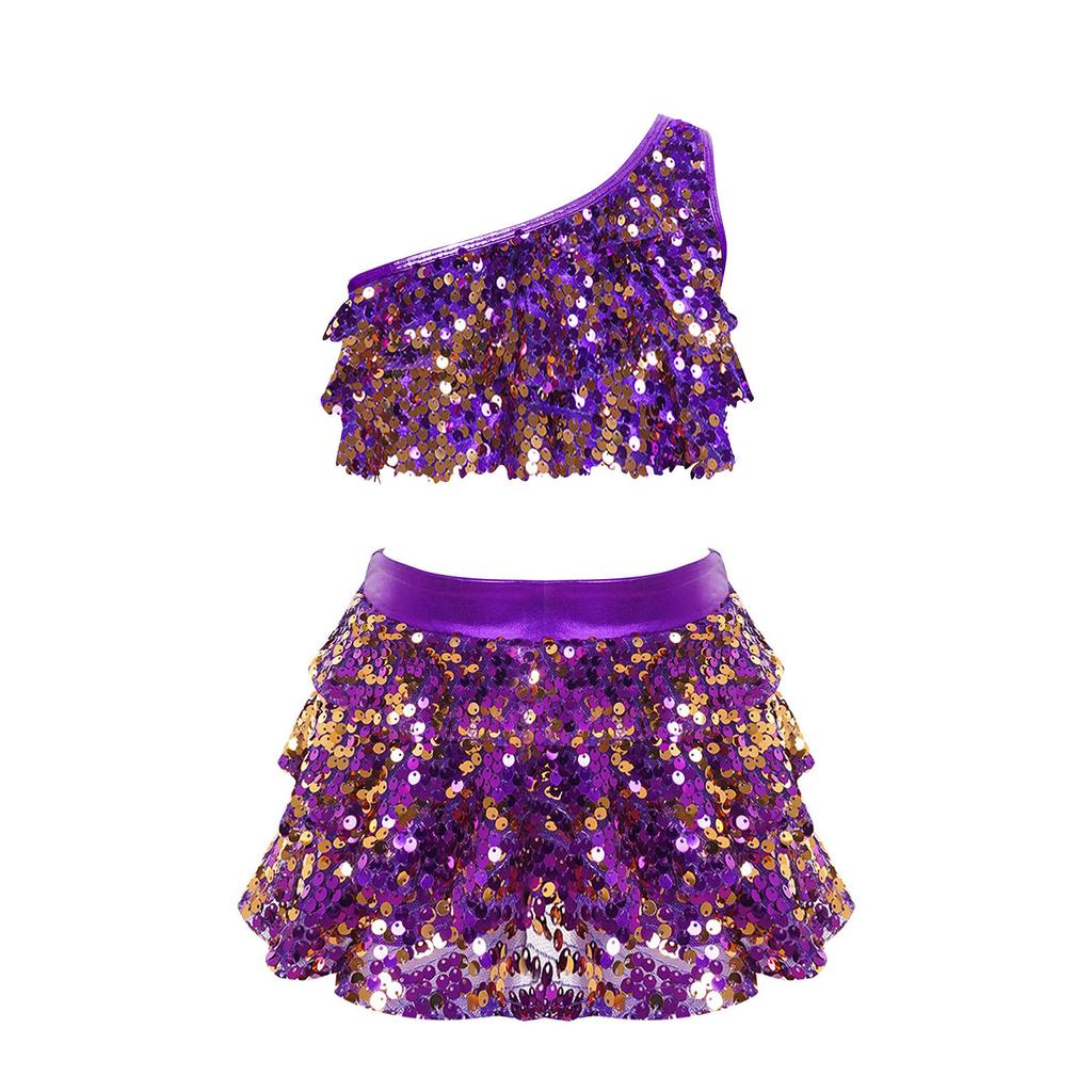 Kids Girls Sparkly Sequins Dance Outfits Sleeveless Tank Crop Top with Skirt Hip Hop Jazz Latin Stage Costume