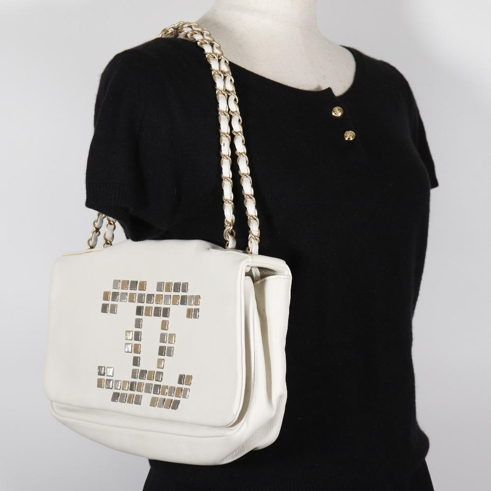 Chanel ChainShoulder Shoulder Bag A46041 COCO Mark Double Chain White Lambskin Women Used