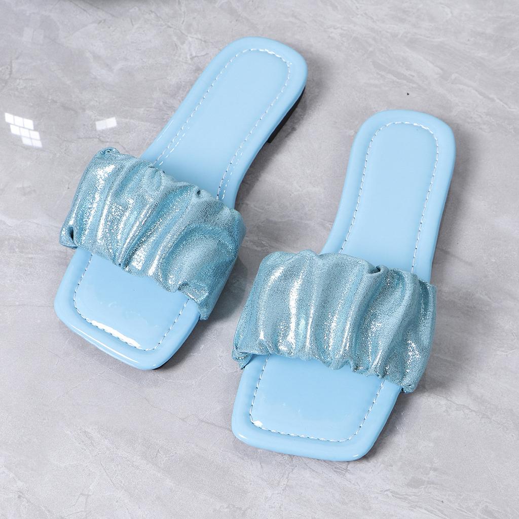 2025 Large Size Flat Slippers New Summer Fashion Pleated Sandals Square Head Slippers Spot Women's Shoes