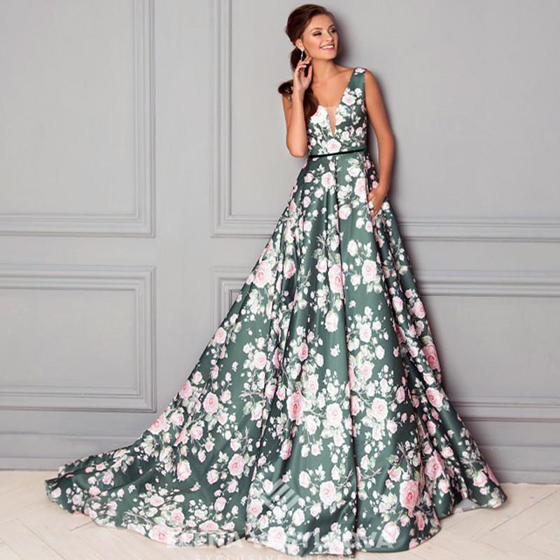 Women Wedding Bride Bridesmaids Elegant Sleeveless Flowers Floral Print V Neck Maxi Long Dress Party Ball Gown