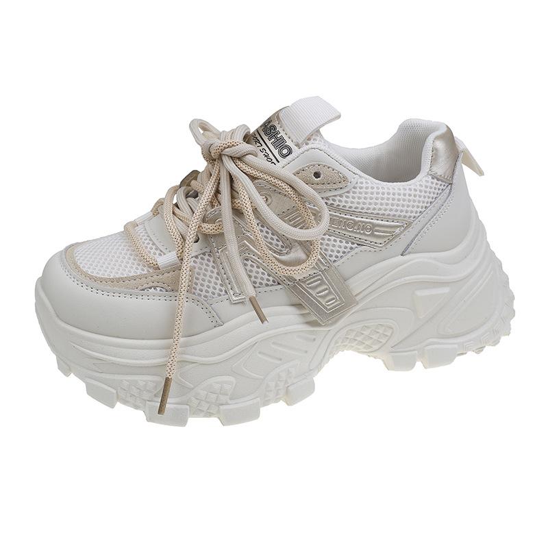 Настоящие кожаные громоздкие кроссовки женские весенние новые сетчатые на платформе увеличивающие рост повседневные кроссовки маленькие женские туфли