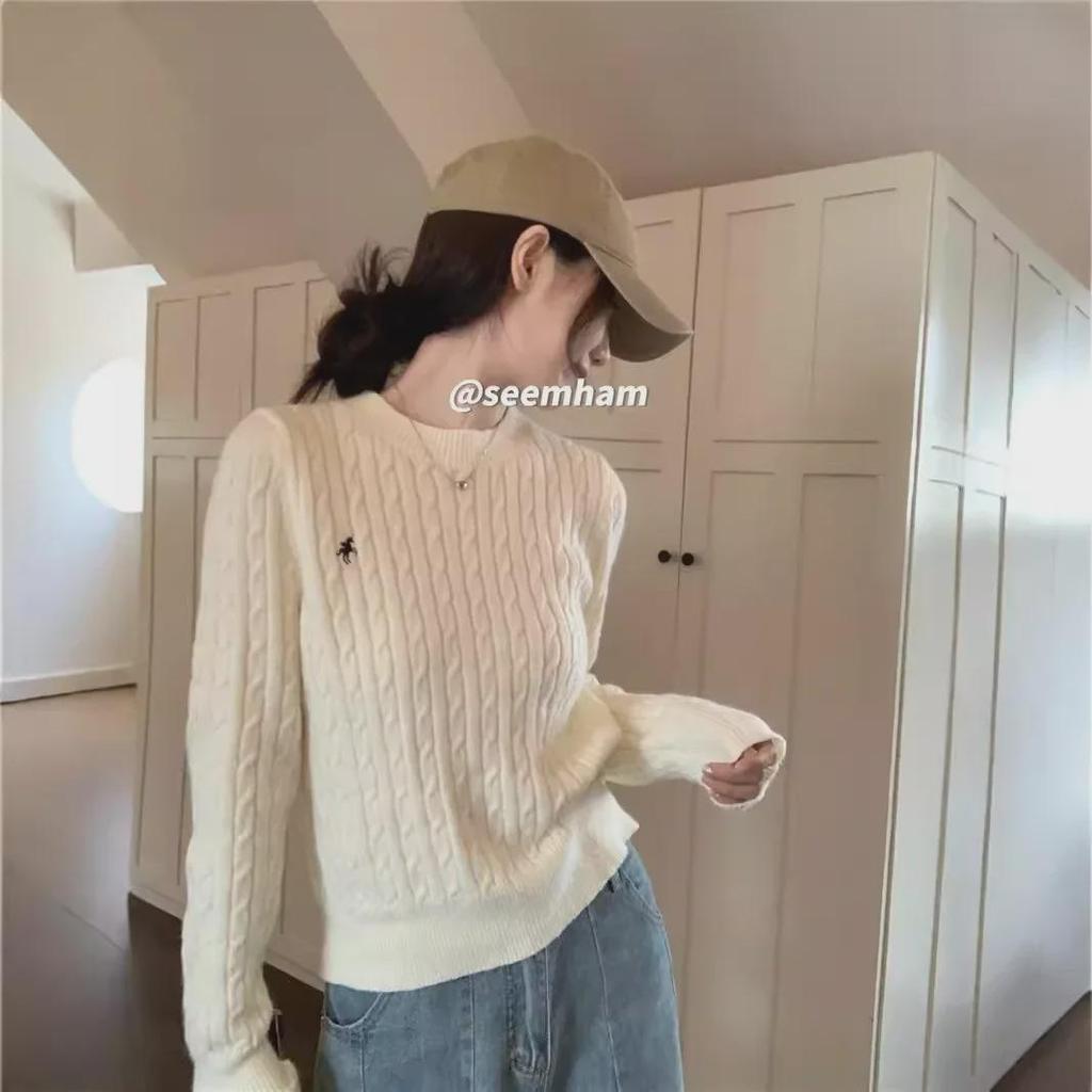 Женский свитер толстой вышивки в стиле колледжа, цвет «Off-White», осенне-зимний дизайн