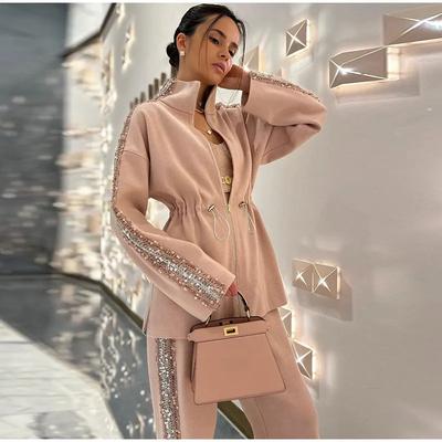 Блестящий пиджак брюки женский наряд элегантные молнии пальто с длинным рукавом брюки с широкими штанинами эластичная талия уличный женский комплект 2025 осень