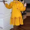 Women Plus Size Stand Collar Tie Decorated Long Sleeve Solid Color Dresses