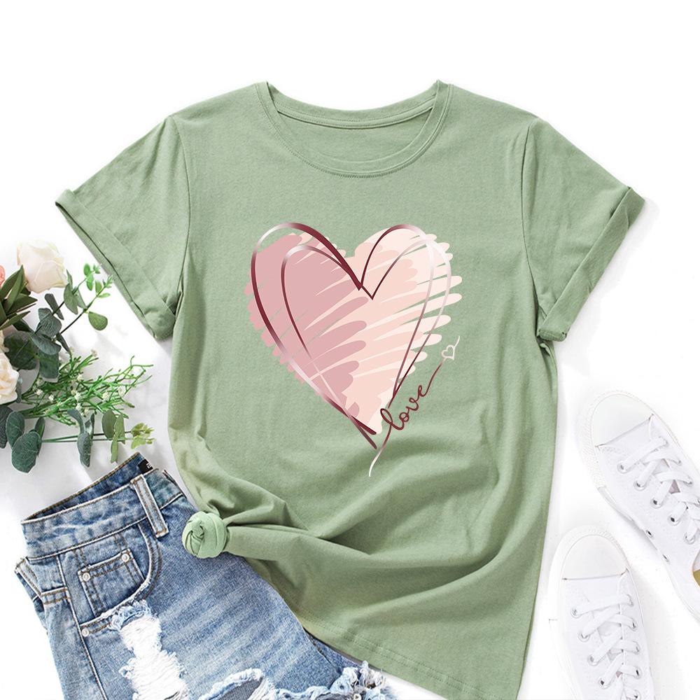 Модная хлопковая футболка с сердцем, с коротким рукавом, с круглым вырезом, женская, с 2D-принтом, топы