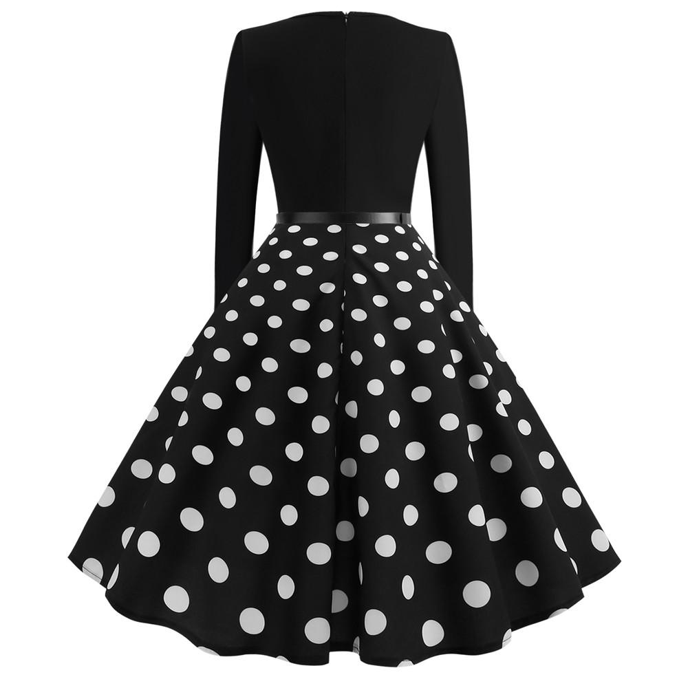 Women Vintage Long Sleeve O Neck Evening Dot Printing Party Prom Swing Dress