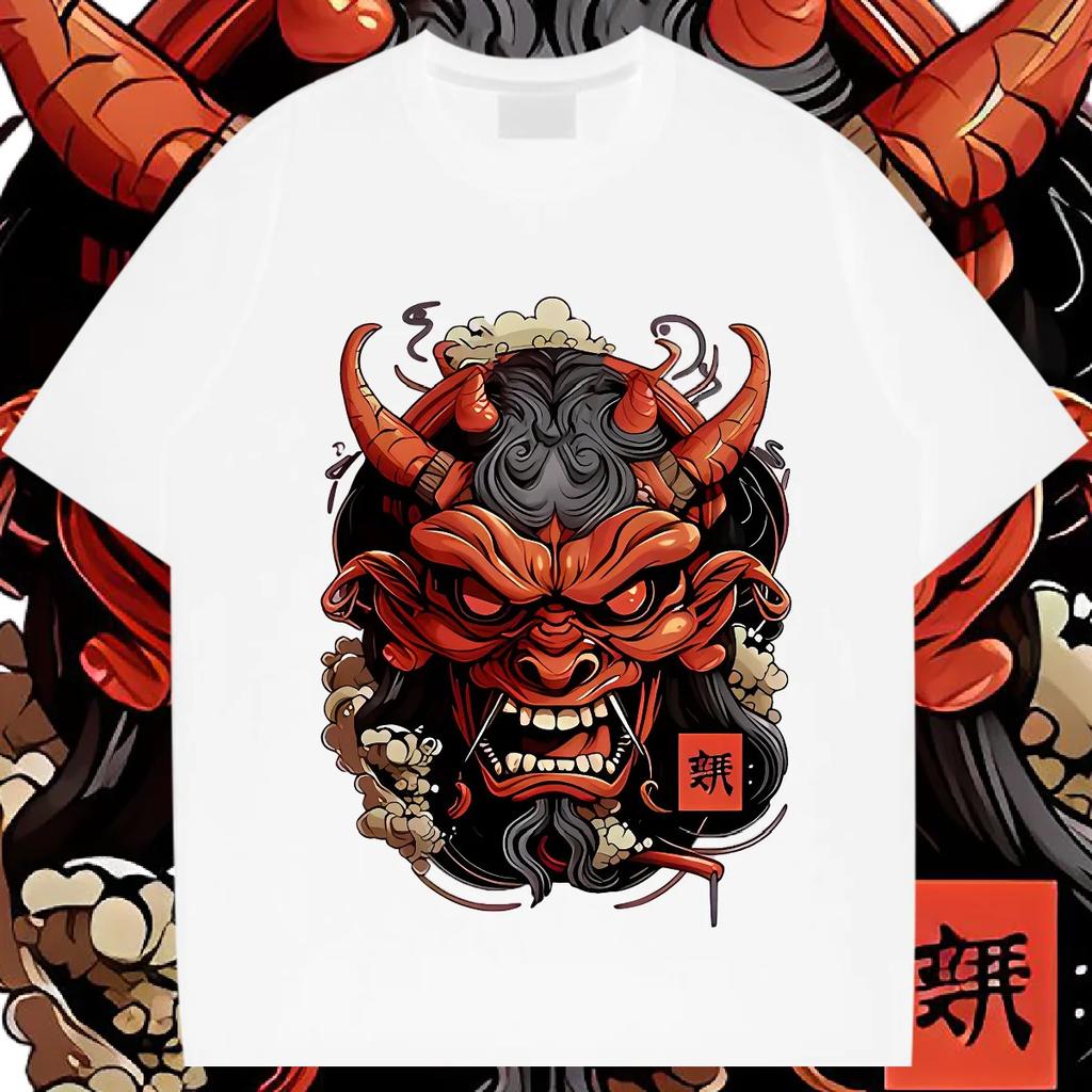 Japanese Samurai Mask Tee Oversized Milk Fiber T-shirt Retro Men Tops  Shirt Streetwear Loose Tshirt