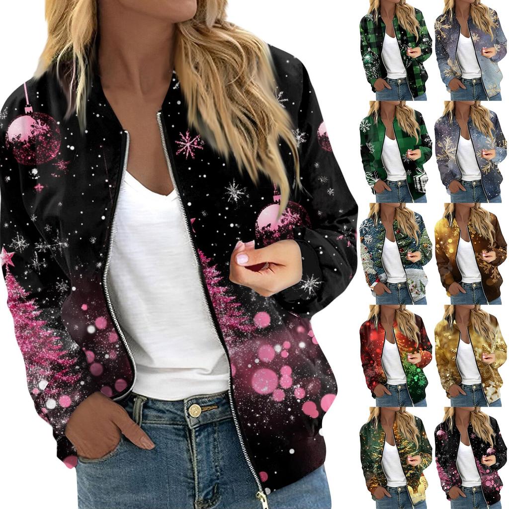 Женская легкая короткая куртка с длинными рукавами на молнии с принтом, повседневная стеганая куртка с карманами, рождественская