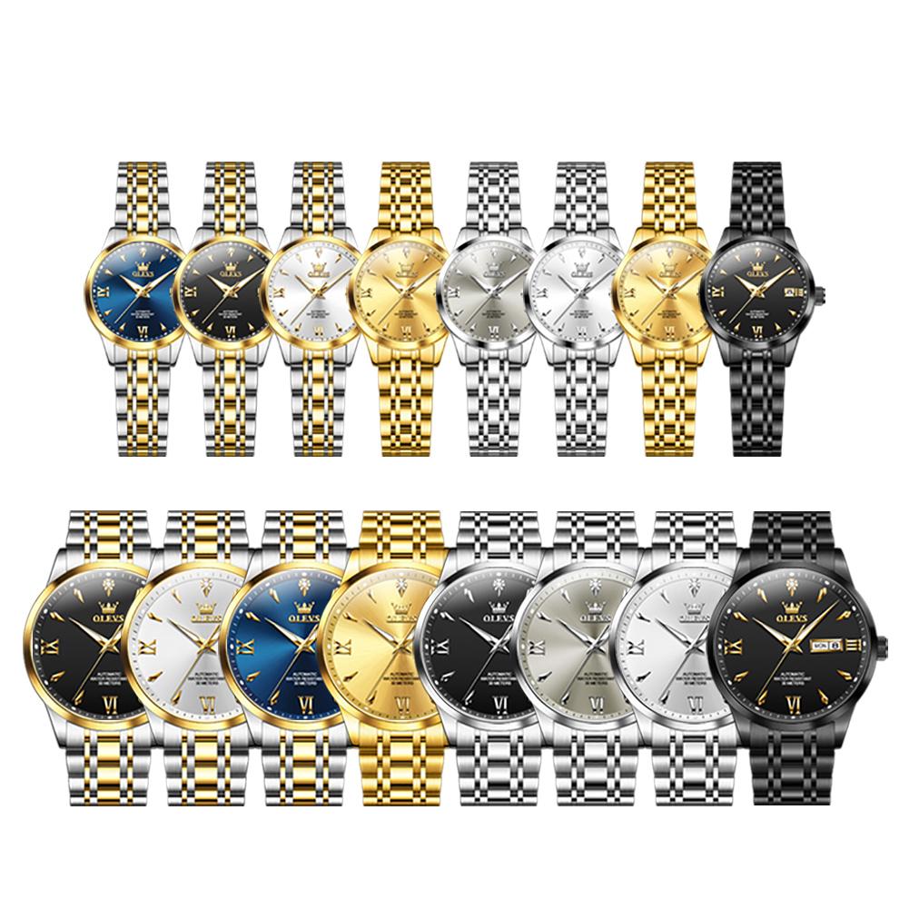 OLEVS Couple Watches Luxury Fashion Stainless Steel Original Automatic Mechanical Wristwatch for Lover Waterproof Luminous 2Pcs