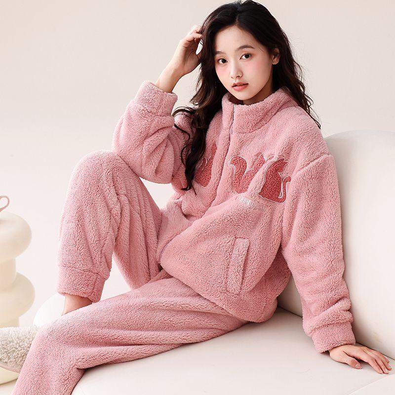 Женская пижама из кораллового флиса, зимний флисовый комплект с утолщенным воротником-стойкой, женский фланелевый теплый комплект домашней одежды