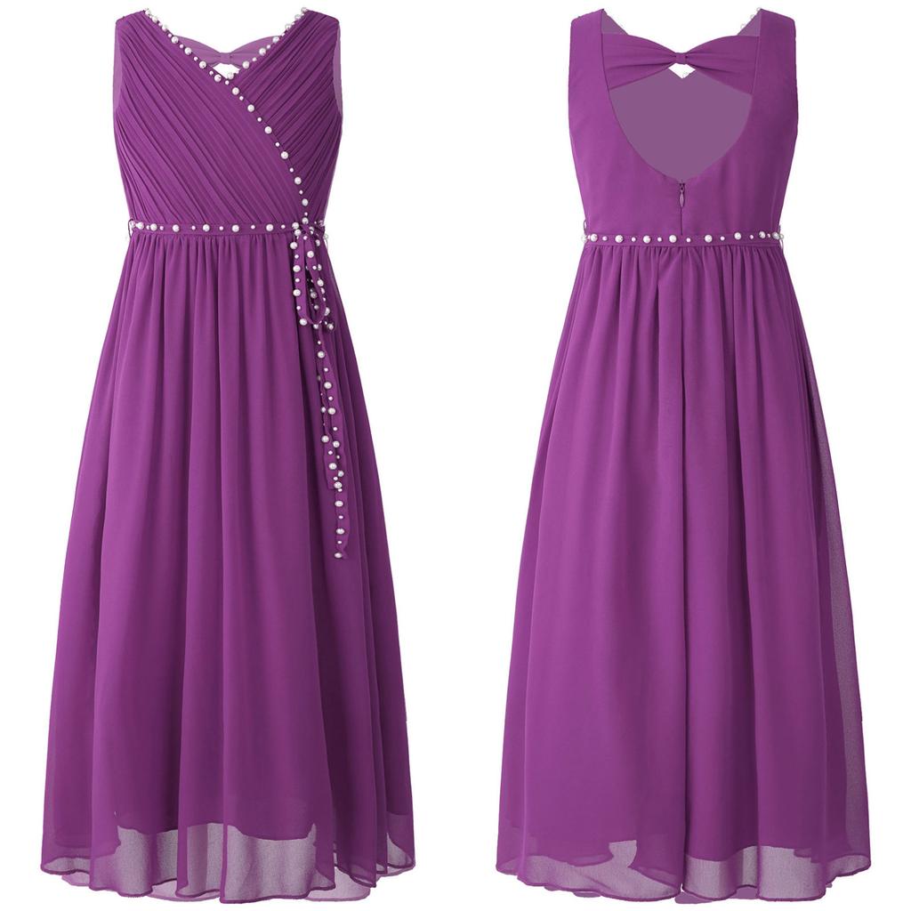 Flower Girls Dress Elegant Beaded Chiffon Party Summer Dress Ruched V Neck Sleeveless Dress for Bridesmaid Wedding