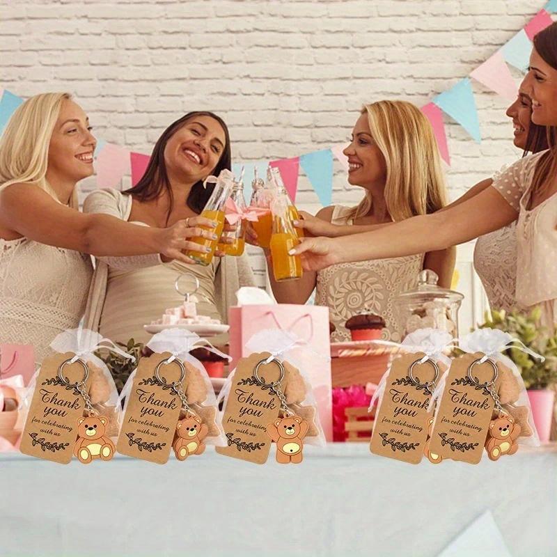 12 шт., сувениры для детского душа, подарок, брелок с медведем и сумкой из органзы, бирка из крафт-бумаги с благодарностью для гостей, для девочек и мальчиков, поставка для дня рождения