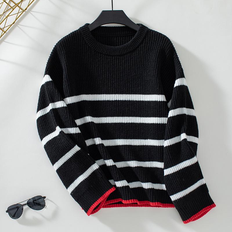 GMXIA Autumn Winter Sweater Spliced Striped Pullover Crew Neck Sweater for Women