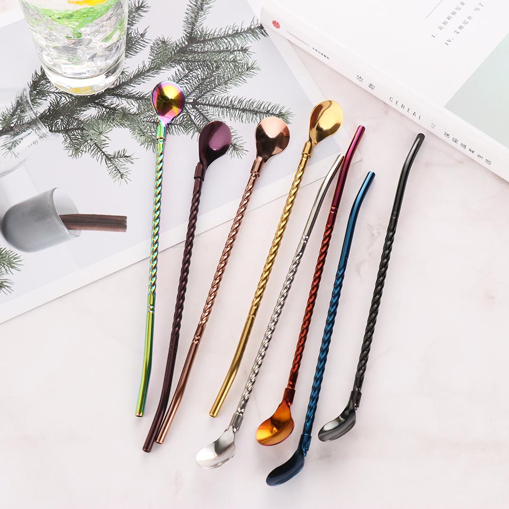 Home Reusable Bar Tea Metal Drinking Straw Coffee Spoons Stainless Steel Straws Spoon