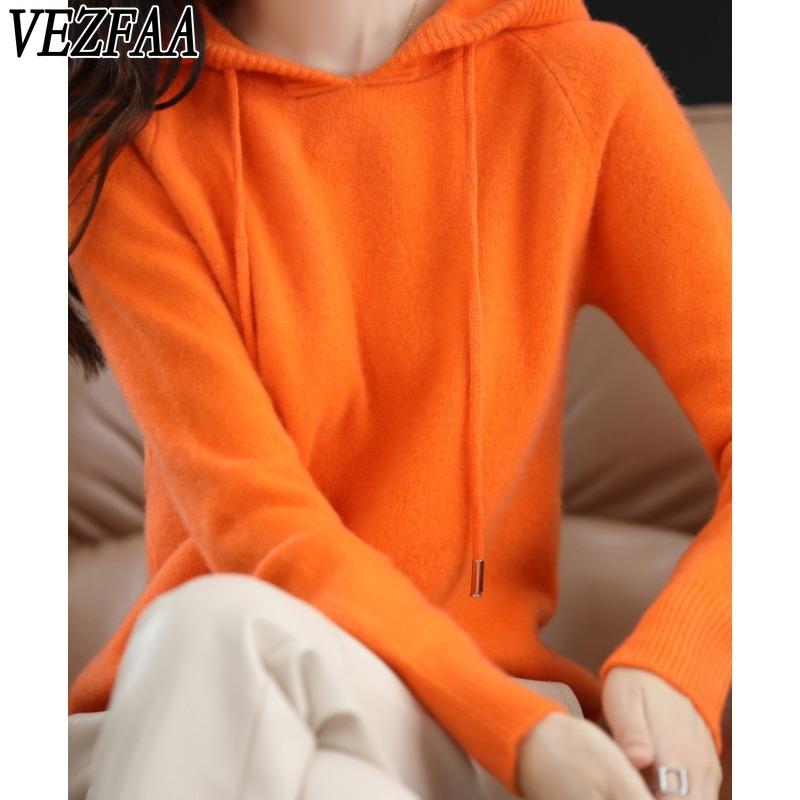 VEZFAA Женская мода повседневная осень-зима однотонный принт длинный рукав с капюшоном свитера