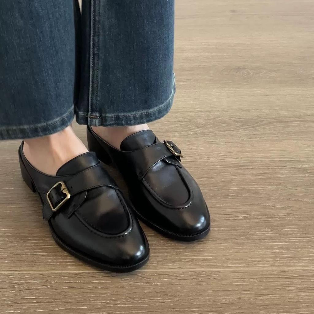 Fashion British Buckle Strap Mules Shoes Ladies Med-High Heels Slippers Slip On Derby Sliders Femmes Pantuflas PU Leather Loafers Woman