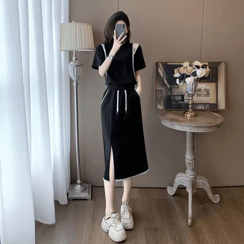 Европейский шик летний комплект из двух частей с открытыми плечами: Женская повседневная миди-юбка с короткими рукавами, визуально омолаживающая