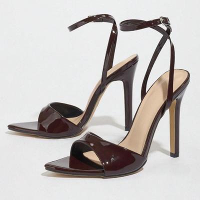 Модные кофейные лакированные сандалии на каблуке, женская мода, остроносые, с ремешком на щиколотке, дизайнерская обувь, сексуальные с открытым носком, Zapatos De Mujer