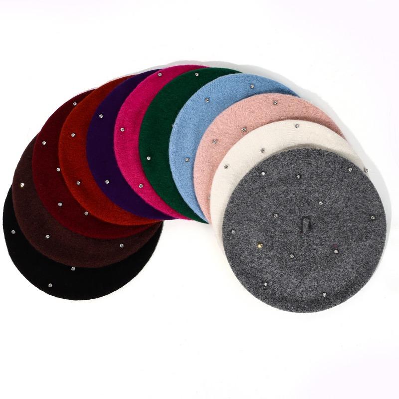 Women S Vintage Wool Beret With Rhinestone Multicolor Versatile Painter Hat