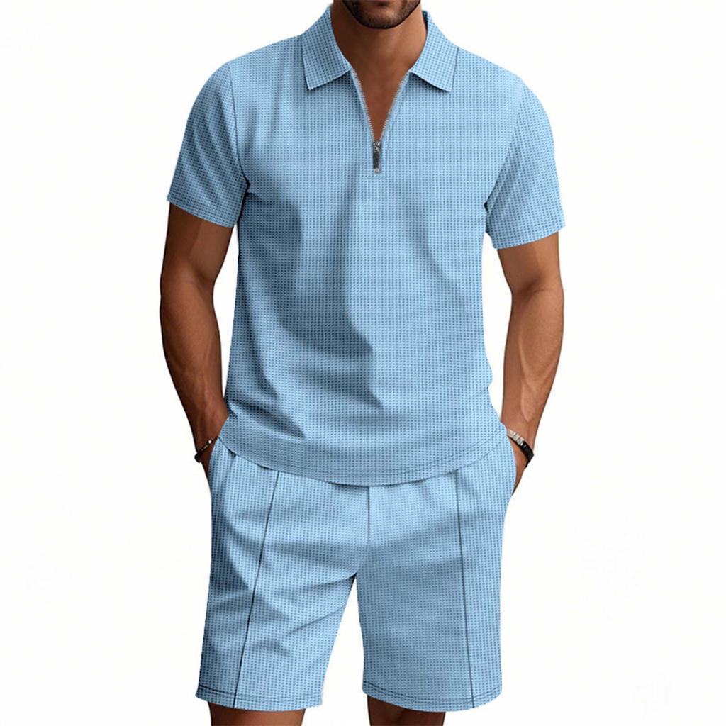 Мужской однотонный повседневный комплект из двух предметов с короткими рукавами и воротником