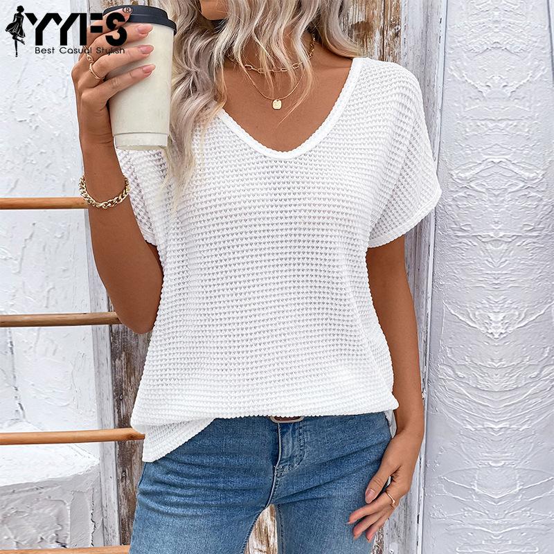 YYFS Женские модные повседневные летние весенние однотонные блузки и рубашки с v-образным вырезом и короткими рукавами с принтом