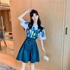 Vintage Oil Painting Blue Short Sleeve T-shirt and Irregular A-line Puff Skirt Set for Women
