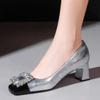 Туфли женские 2024 года, женские туфли на высоком каблуке, классические туфли-лодочки, женские туфли с квадратными пуговицами и кристаллами, на толстом каблуке, с квадратным носком, женские