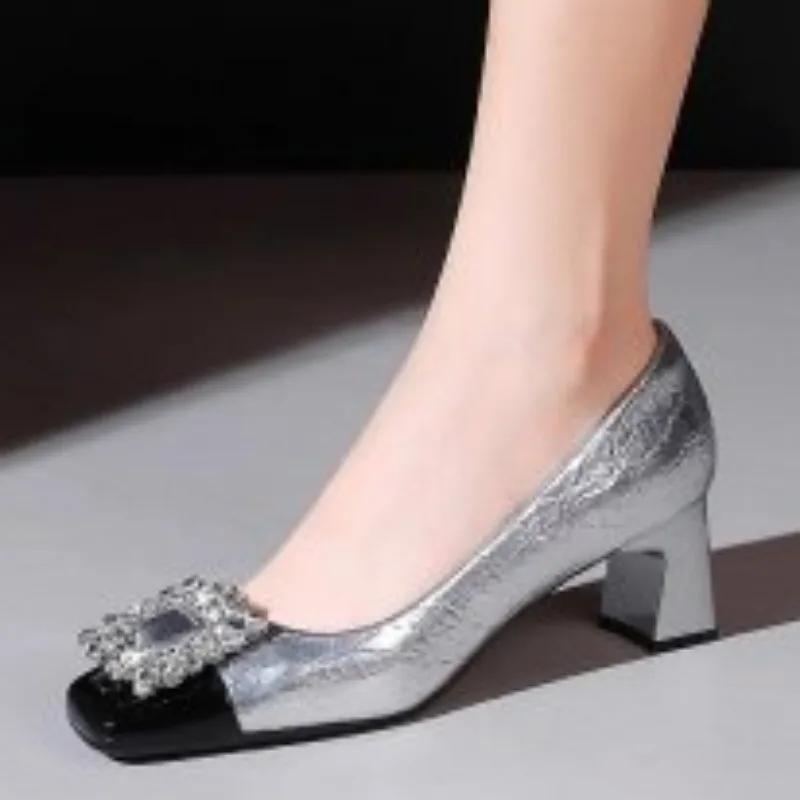 Туфли женские 2024 года, женские туфли на высоком каблуке, классические туфли-лодочки, женские туфли с квадратными пуговицами и кристаллами, на толстом каблуке, с квадратным носком, женские