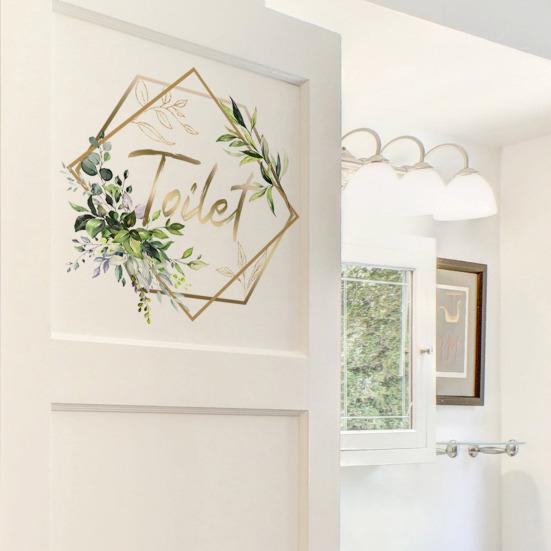 Green Plant Toilet Door Sticker Golden Letter Removable Self-adhesive Waterproof PVC Bathroom Decoration Decal Home Supplies