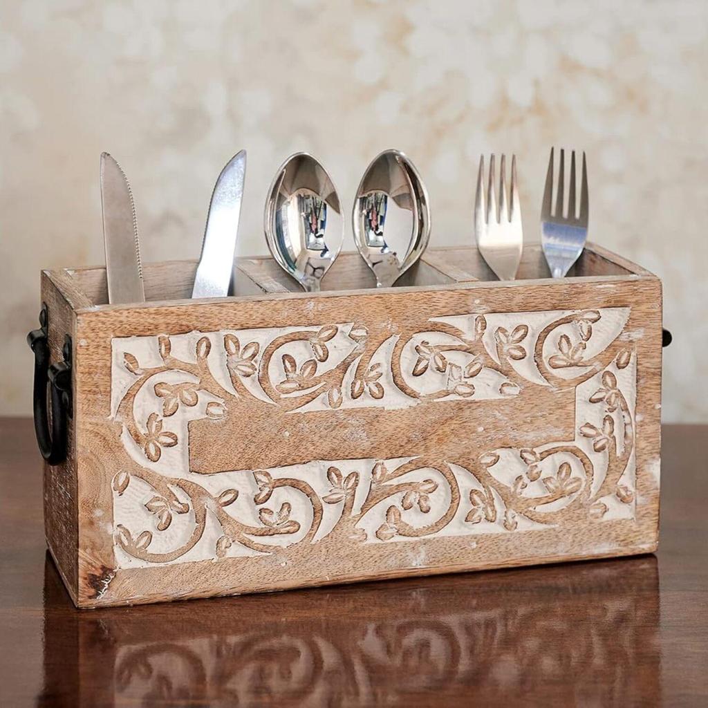 Farmhouse Decor 3 Compartment Silverware Holder Utensil and Cutlery Caddy for Parties Countertop Organizer for Spoon