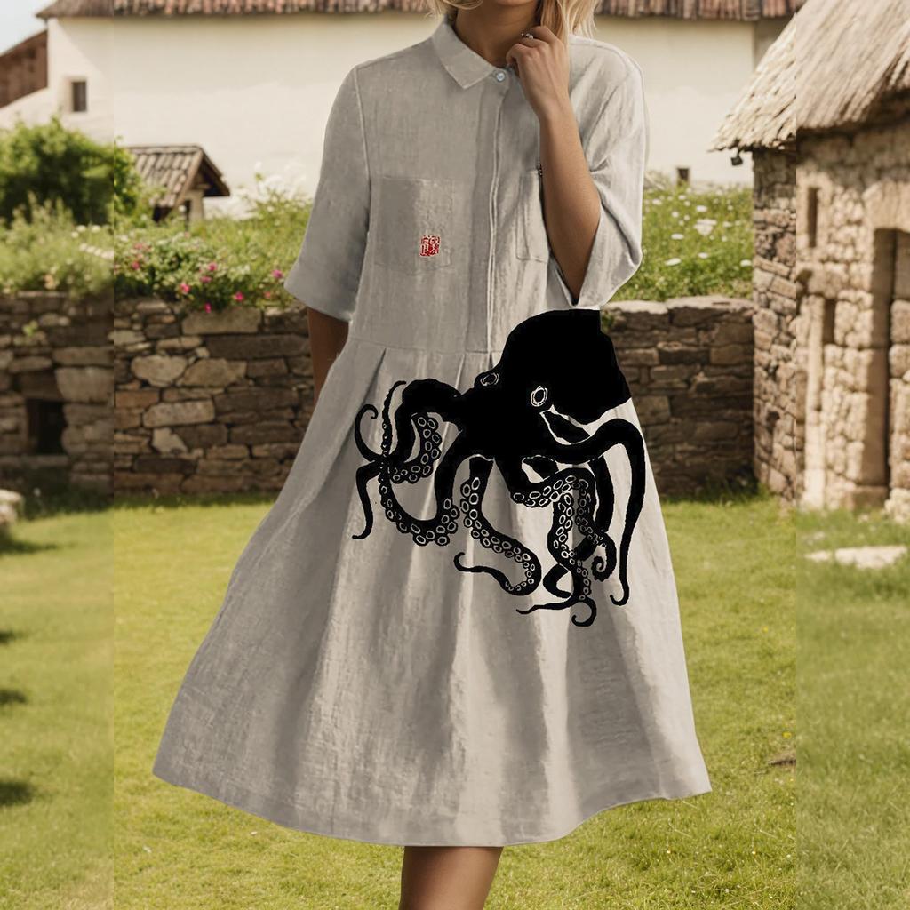 Dress For Women Elegant Casual Smocked Button Lapel Short Sleeve Knee Length Dress