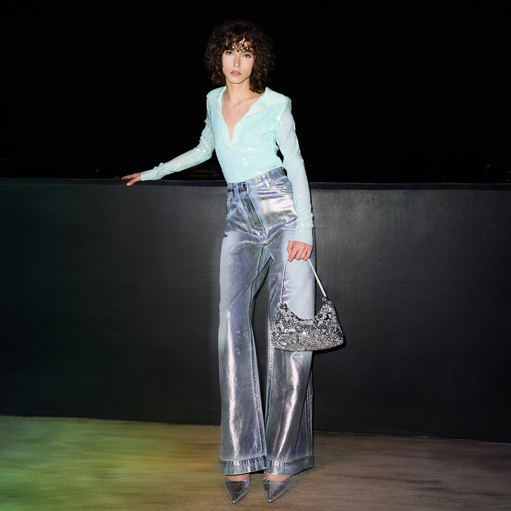 Charles & Keith Модная блестящая сумка под мышку Вечерняя сумка на плечо из ПУ кожи Маленькие женские сумки Серебристый Черный CK2-20681157-A