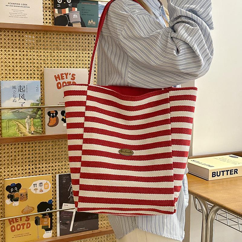 Полосатая холщовая сумка 2025 новая корейский стиль ins сумка-тоут для отдыха на одно плечо большая вместимость сумка-тоут хозяйственная сумка