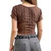 Women Retro Perspective V-neck Hollowed Cardigan T-shirt Tops Fashion Agaric Edge Short  Bare Navel Top