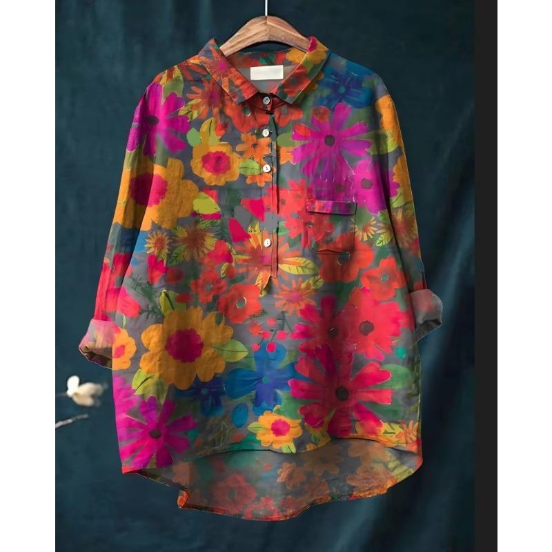 Рубашки с принтом в виде животных и цветов Гавайи Полиэстер Повседневные Блузки и рубашки с длинным рукавом для женщин