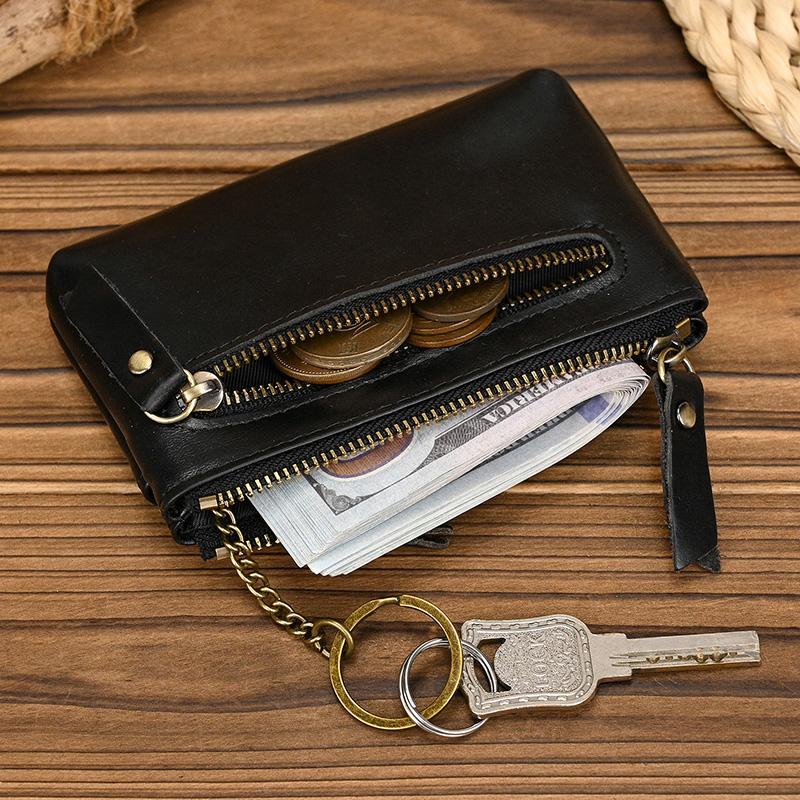 New Men Genuine Leather Zipper Coin Wallet Natural Leather Short Purse Card Holder Cash Clutch Wallet With Key Ring